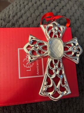 Lenox Silver Filigree Cross Ornament with Red Ribbon